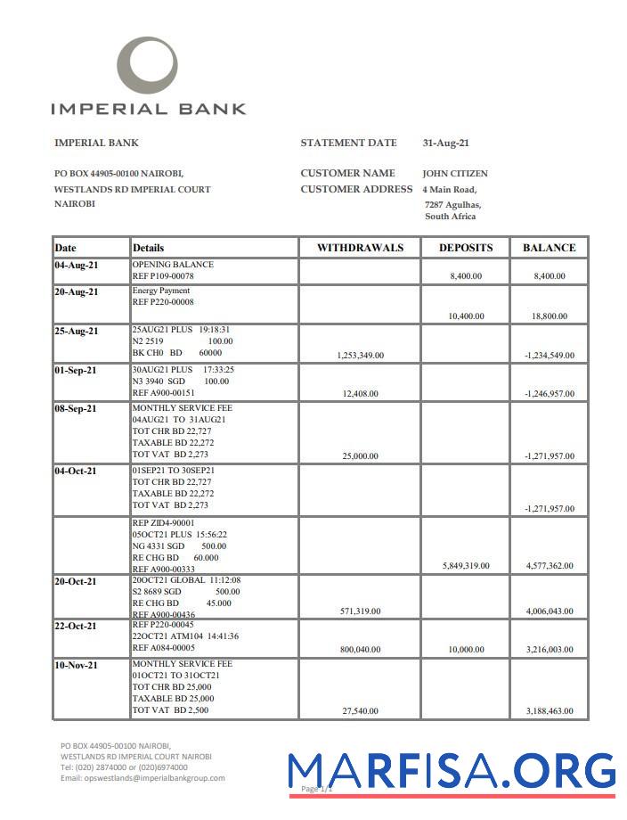 Printable South Africa Imperial bank statement excel example
